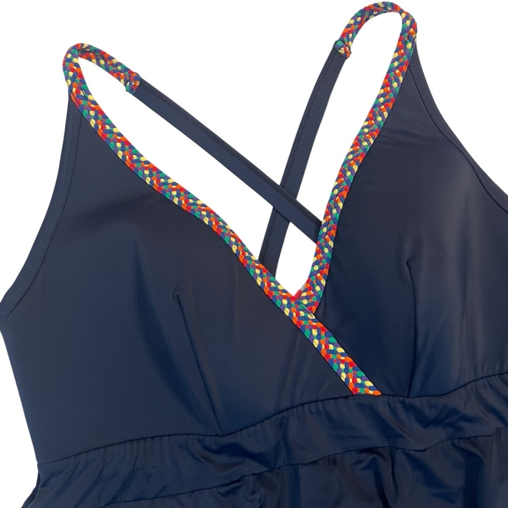 Cacique Women's Plus‎ 14 Navy Ruffle Tankini Swim Top Rainbow Straps Adjustable